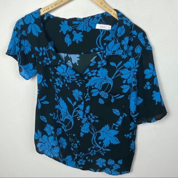 ALC 100% Silk Josephine Blue Floral Print Short Sleeve Top Size‎ 2 Off Shoulder - Picture 9 of 10